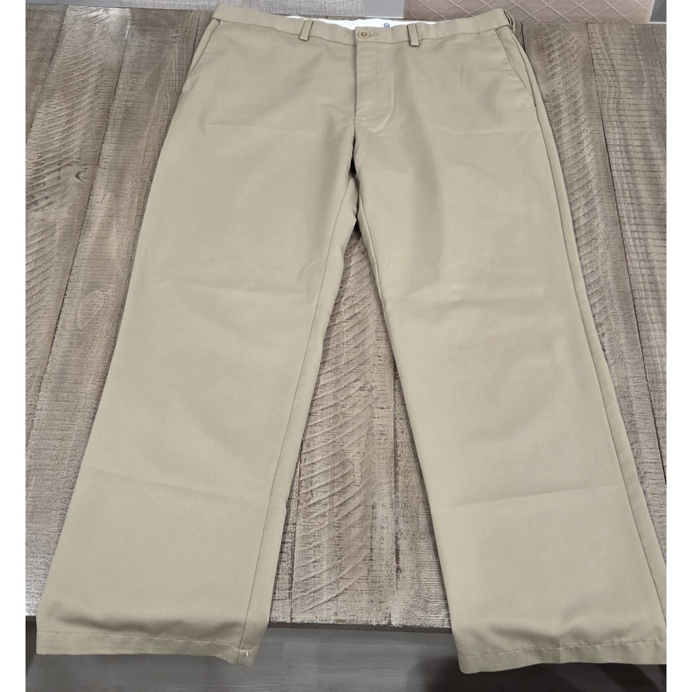 Haggar Mens Beige Polyester Twill Dress Pants Flat Front Straight 40x29 1014697